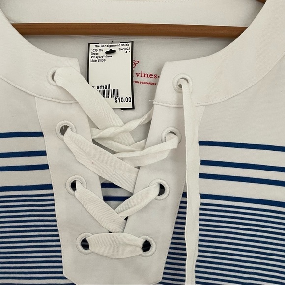 Vineyard Vines Blue White 3/4 Sleeve Striped Cotton Blend Lace Up Dress - Picture 6 of 14